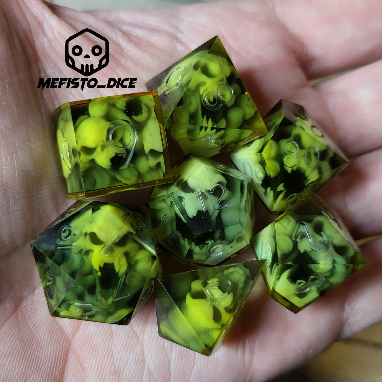 Dice set with 7 pieces with skull inside in spirit theme for role-playing games for Dungeons and Dragons