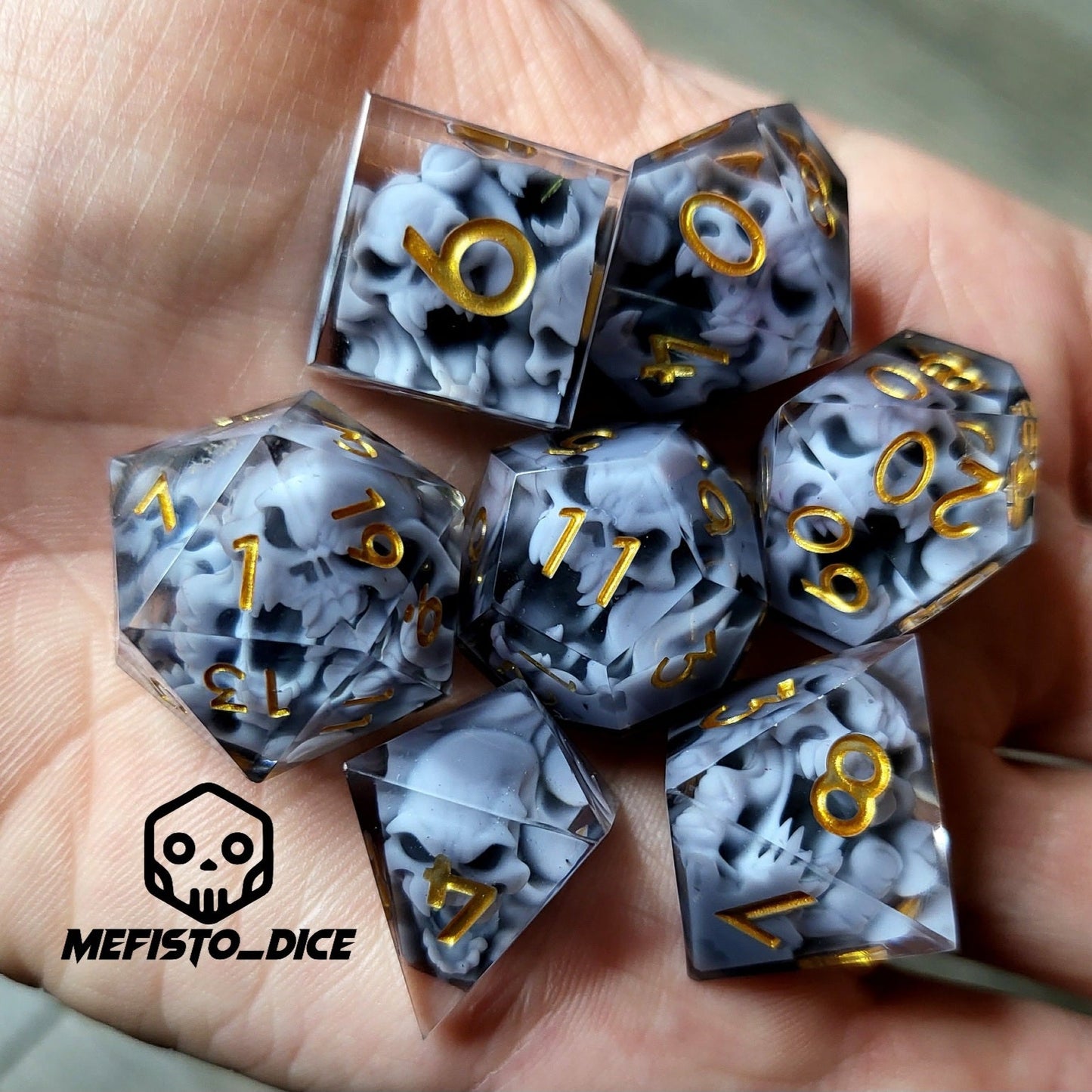 Dice set with 7 pieces with skull inside in spirit theme for role-playing games for Dungeons and Dragons