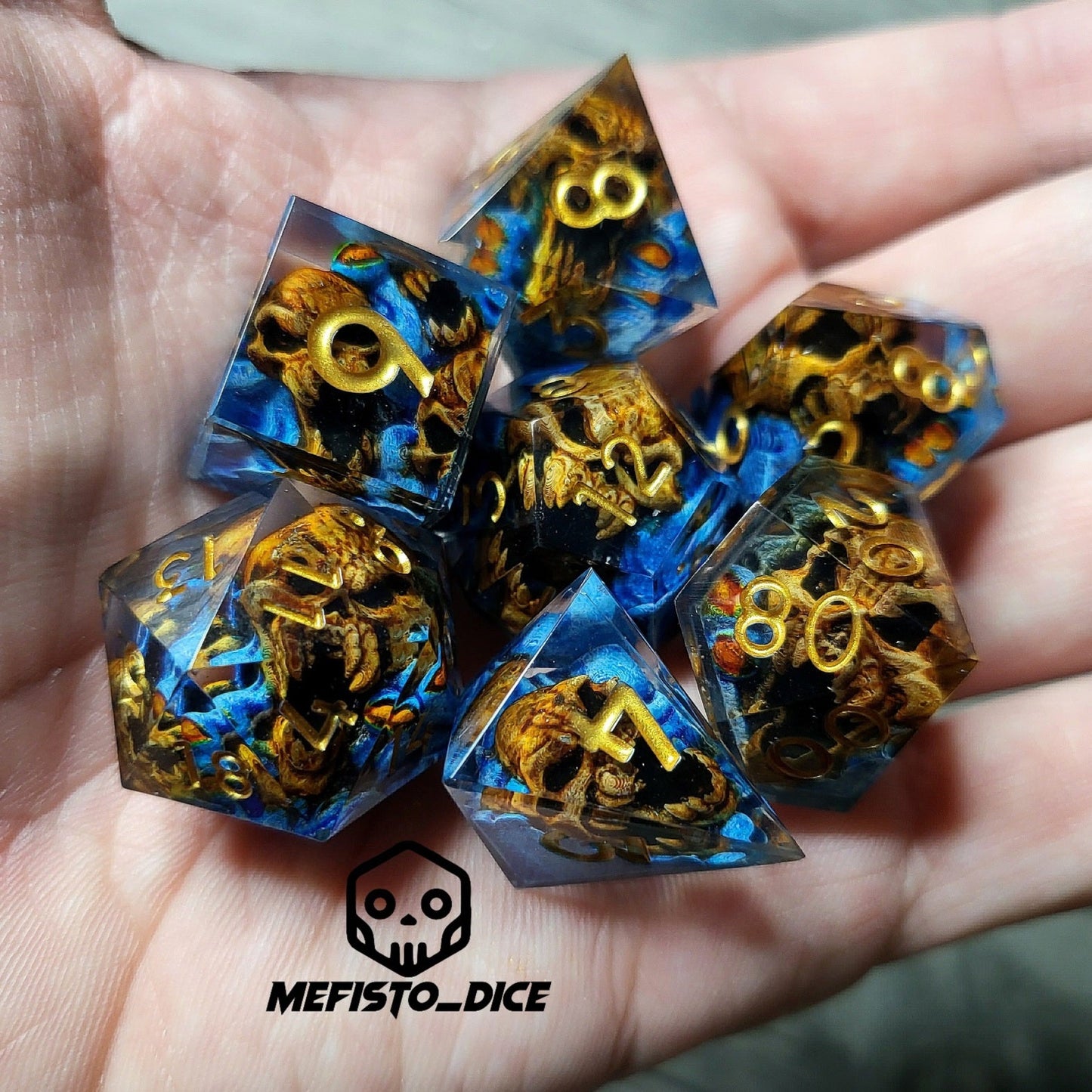 Dice set with 7 pieces with skull inside in spirit theme for role-playing games for Dungeons and Dragons