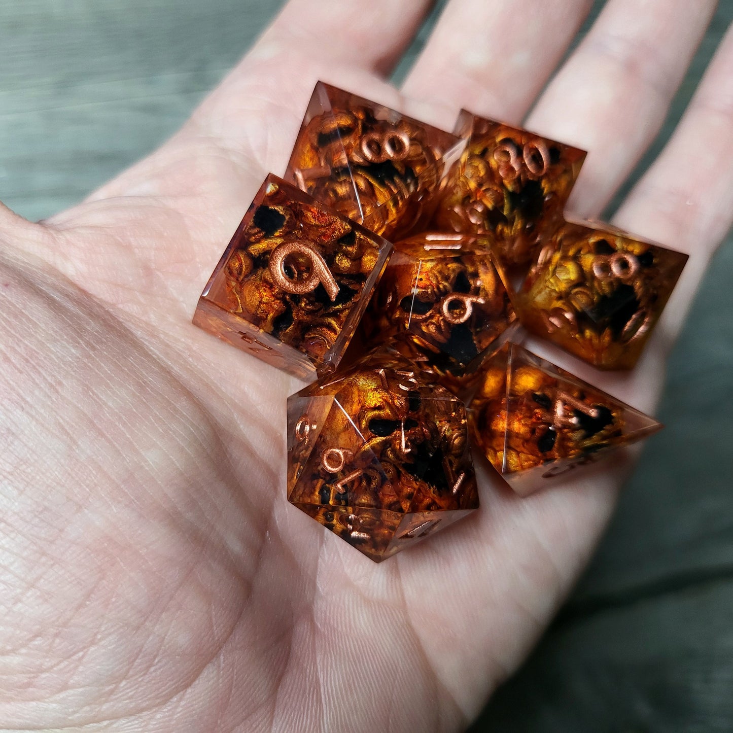 Dice set with 7 pieces with skull inside in spirit theme for role-playing games for Dungeons and Dragons