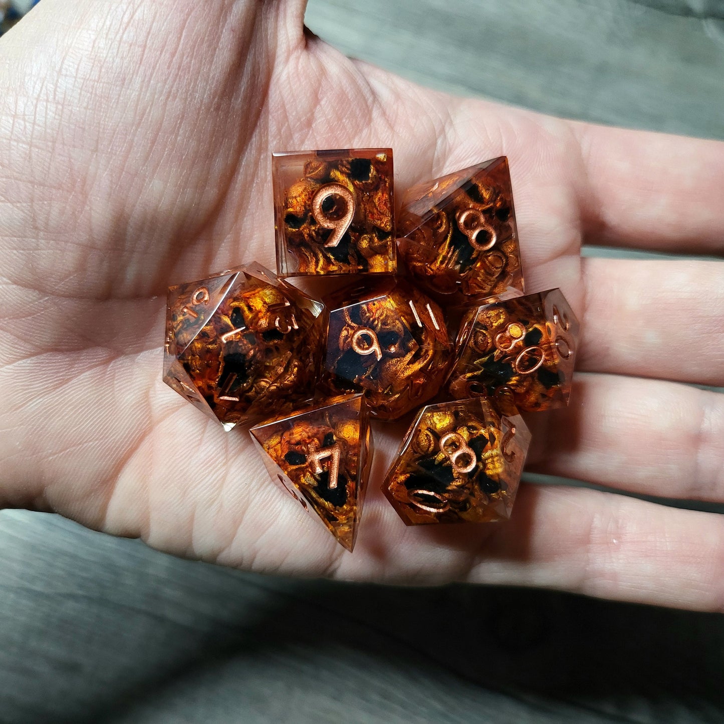 Dice set with 7 pieces with skull inside in spirit theme for role-playing games for Dungeons and Dragons