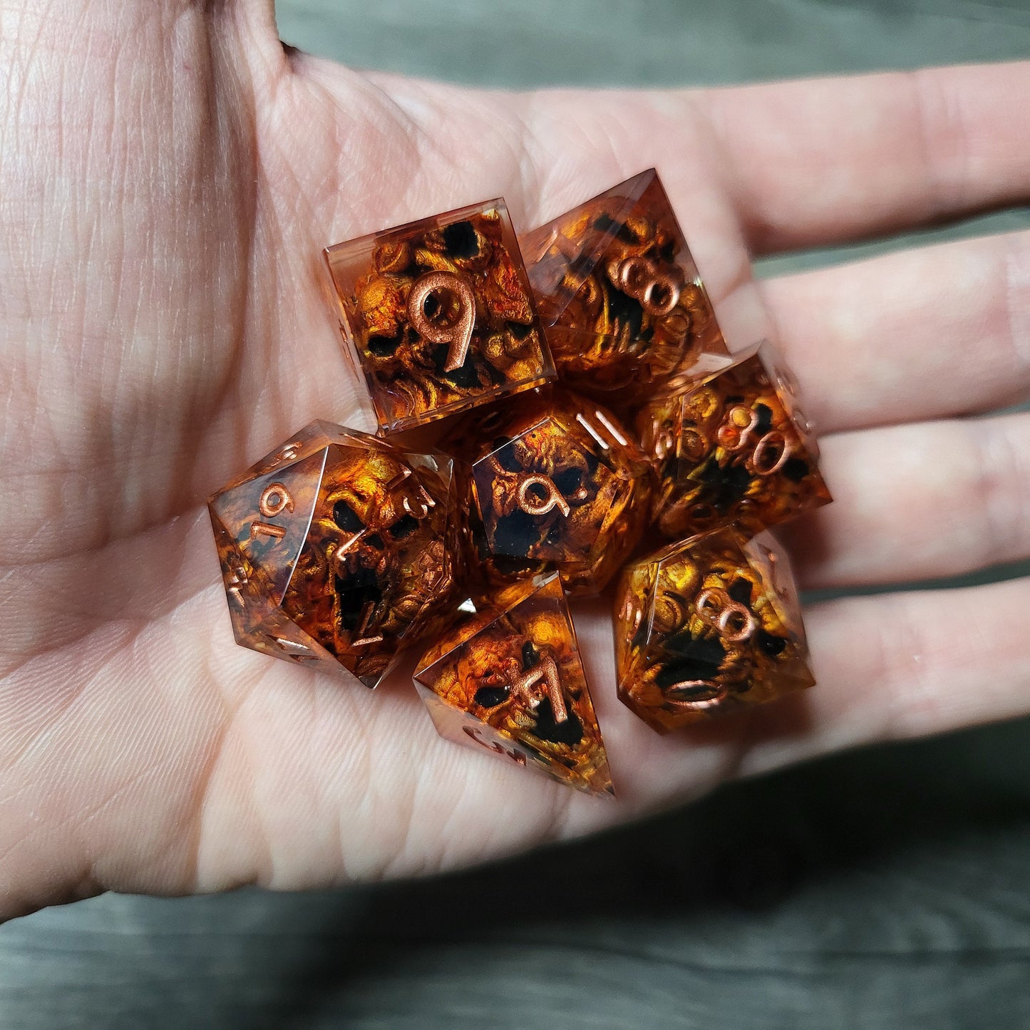 Dice set with 7 pieces with skull inside in spirit theme for role-playing games for Dungeons and Dragons
