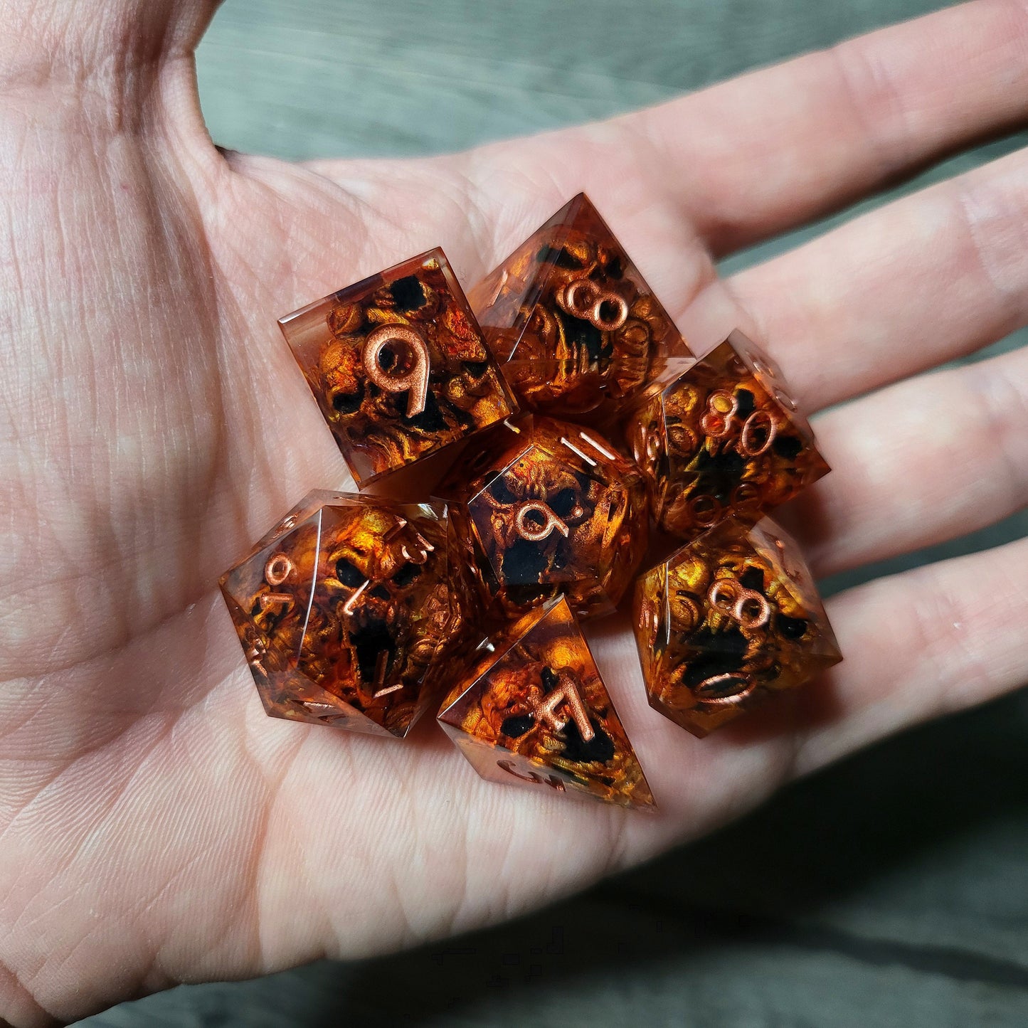 Dice set with 7 pieces with skull inside in spirit theme for role-playing games for Dungeons and Dragons