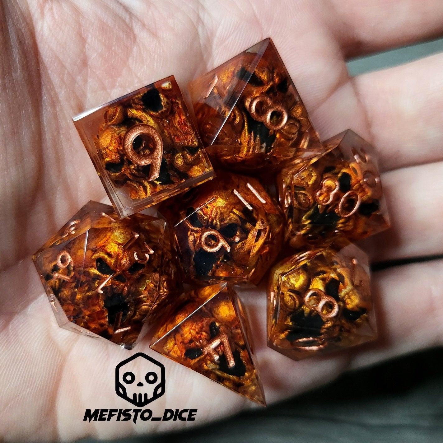 Dice set with 7 pieces with skull inside in spirit theme for role-playing games for Dungeons and Dragons