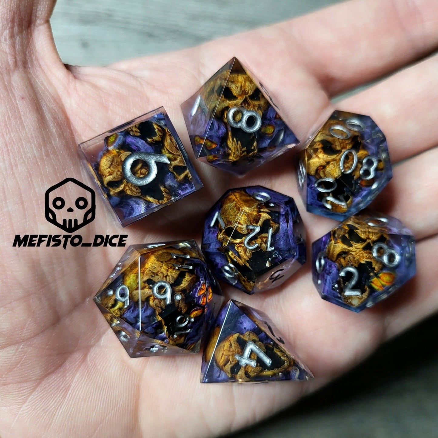 Dice set with 7 pieces with skull inside in spirit theme for role-playing games for Dungeons and Dragons