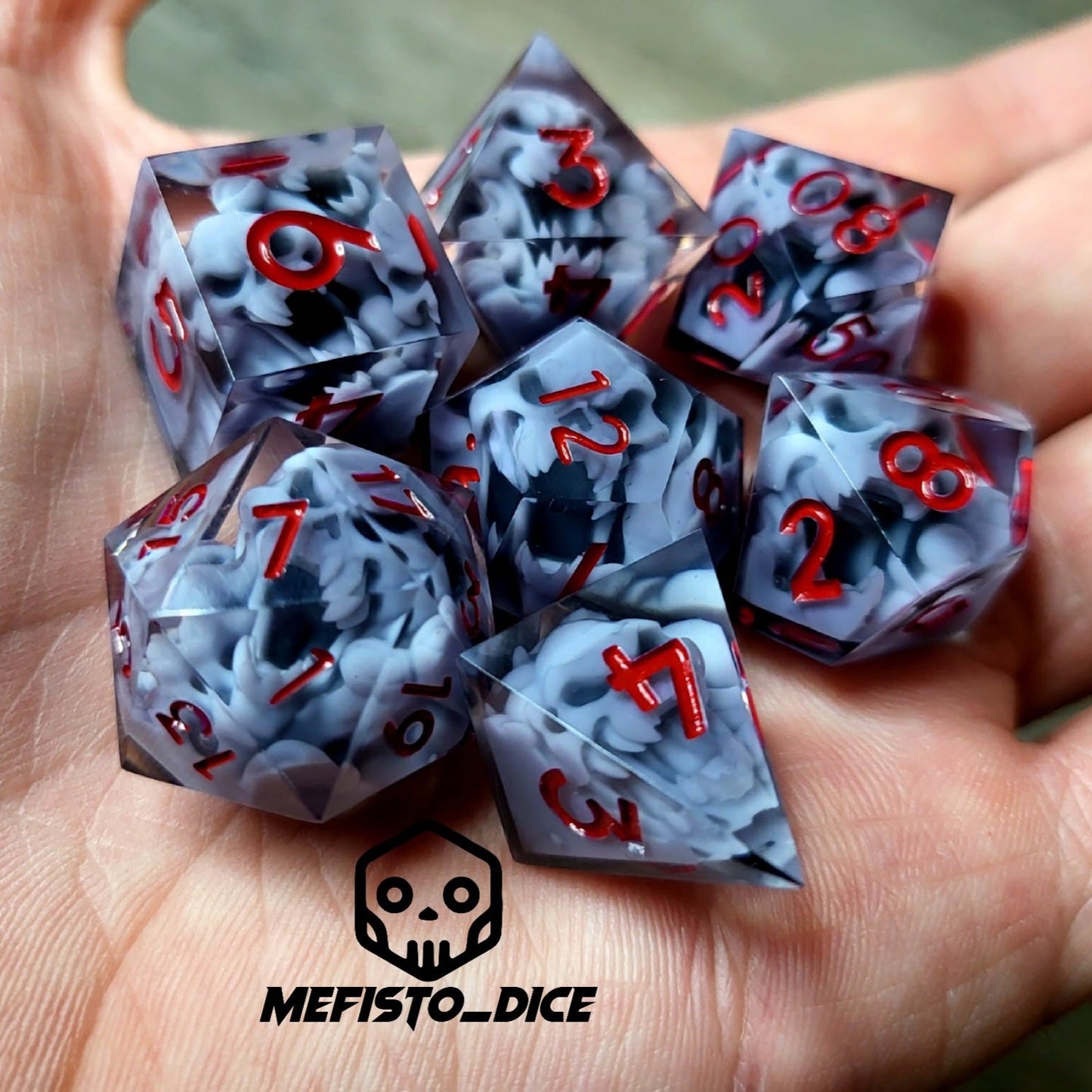 Dice set with 7 pieces with skull inside in spirit theme for role-playing games for Dungeons and Dragons