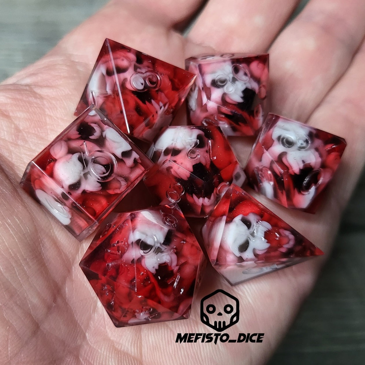 Dice set with 7 pieces with skull inside in spirit theme for role-playing games for Dungeons and Dragons