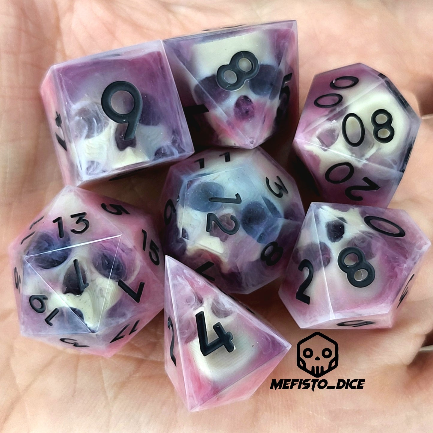 Dnd Dice set for role playing for Dungeons and Dragons with skull inside and red flames