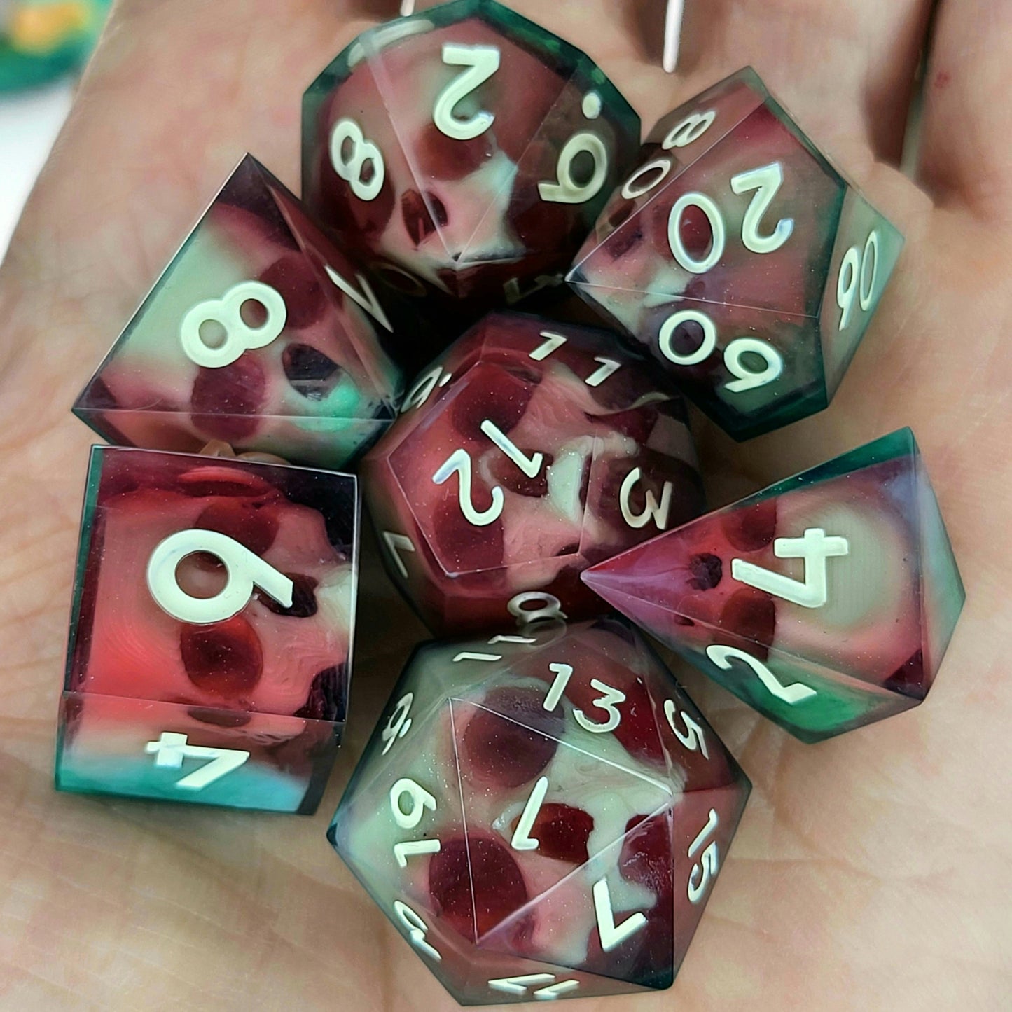Dnd Dice set for role playing for Dungeons and Dragons with skull inside and red and green resin
