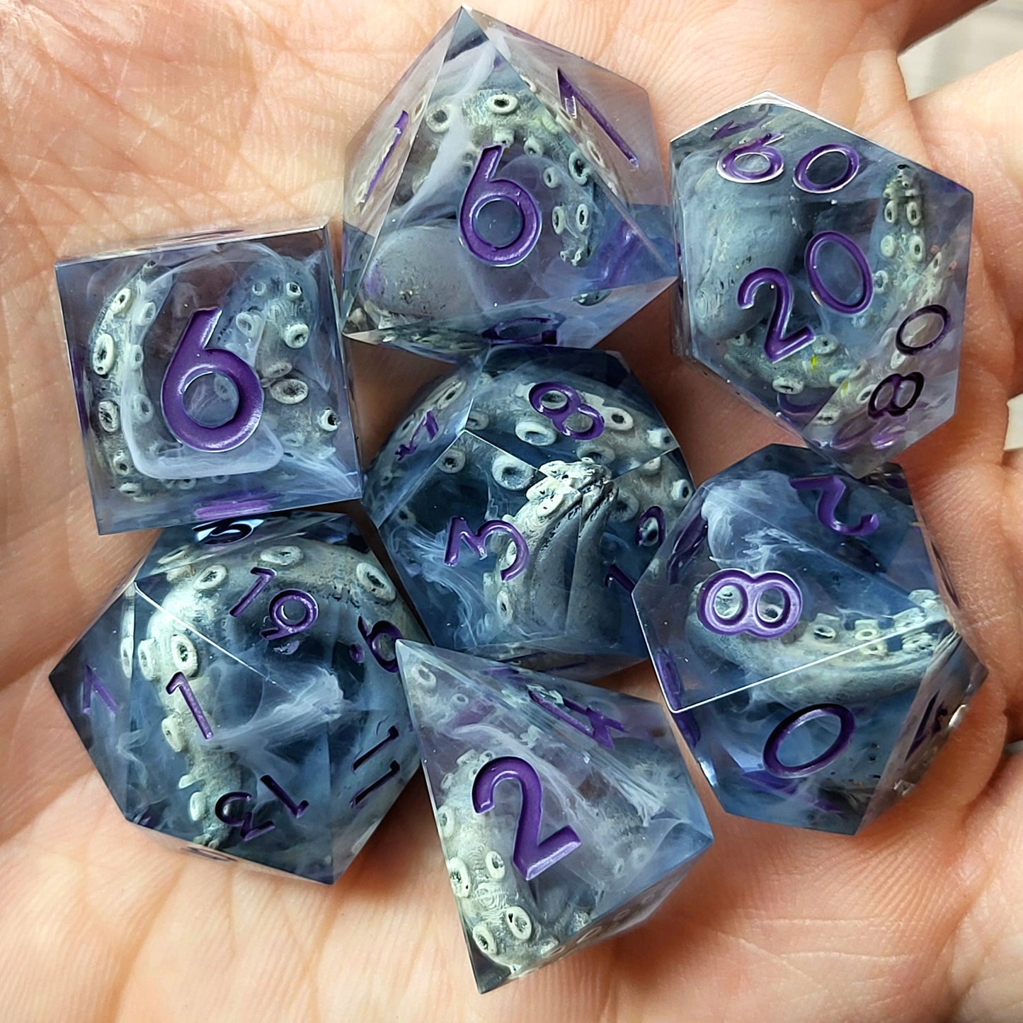 Tentacle dice set kraken with purple numbers