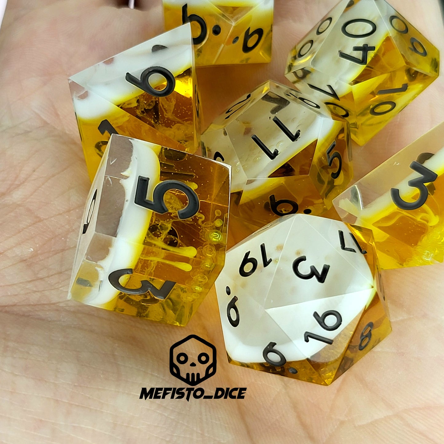 Handmade sharp edge resin dice set inspired by beer white foam effect and black numbers for Dungeons and Dragons tabletop RPGs