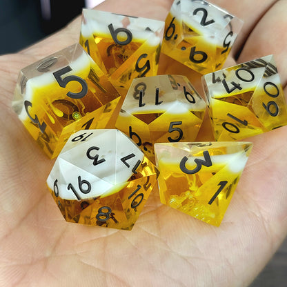 Handmade sharp edge resin dice set inspired by beer white foam effect and black numbers for Dungeons and Dragons tabletop RPGs