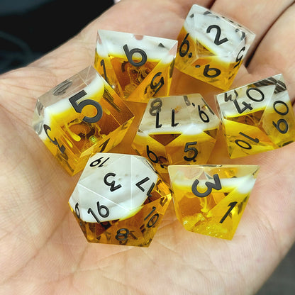 Handmade sharp edge resin dice set inspired by beer white foam effect and black numbers for Dungeons and Dragons tabletop RPGs