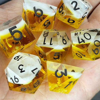 Handmade sharp edge resin dice set inspired by beer white foam effect and black numbers for Dungeons and Dragons tabletop RPGs