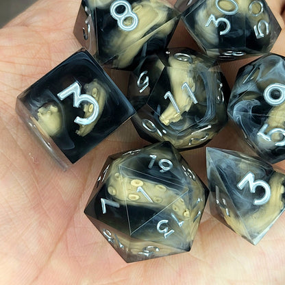 Handcrafted sharp edge resin dice featuring eerie brown tentacles suspended in dark transparent resin, surrounded by ghostly white mist and finished with metallic silver numbers