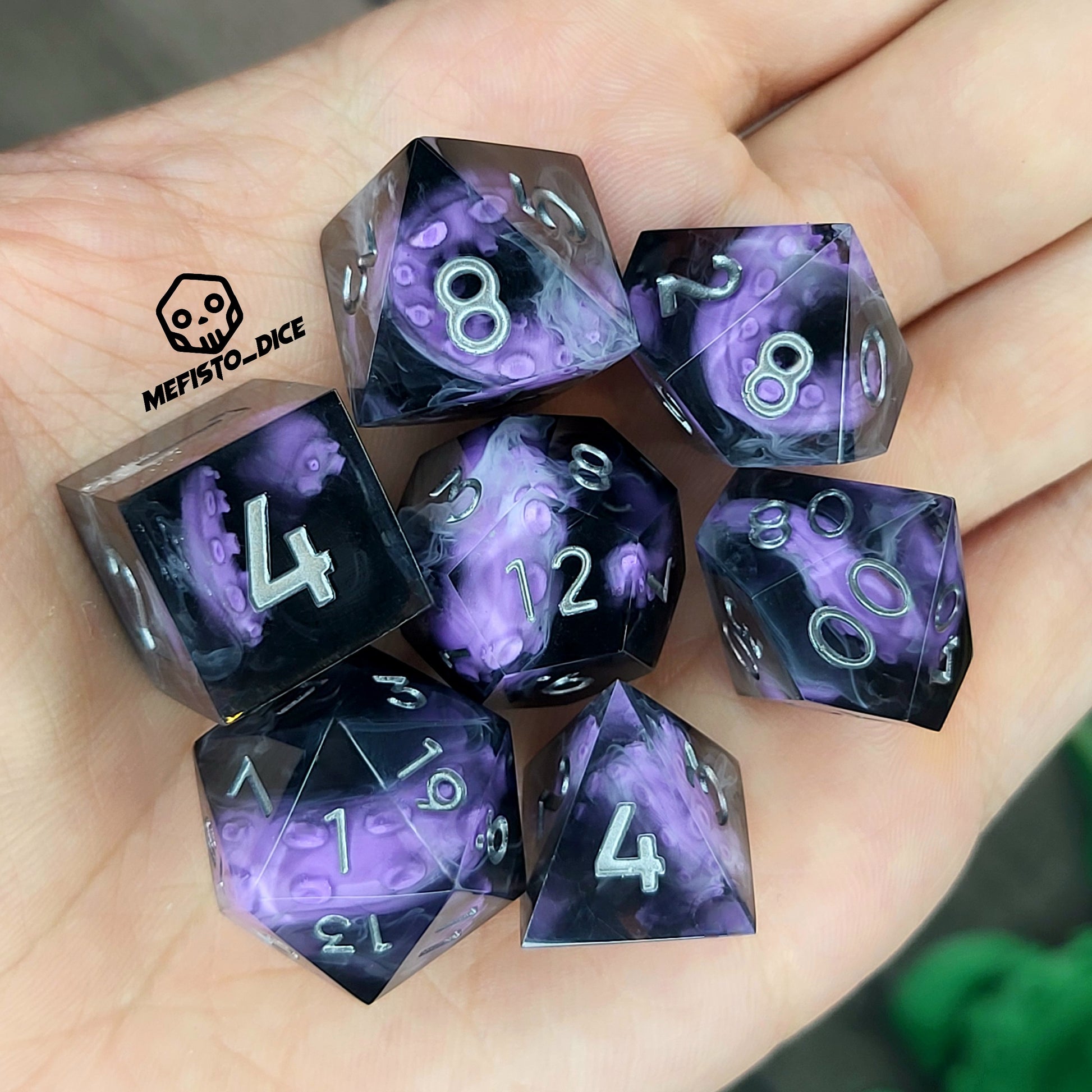 Handcrafted sharp edge resin dice featuring eerie purple tentacles suspended in dark transparent resin, surrounded by ghostly white mist and finished with metallic silver numbers
