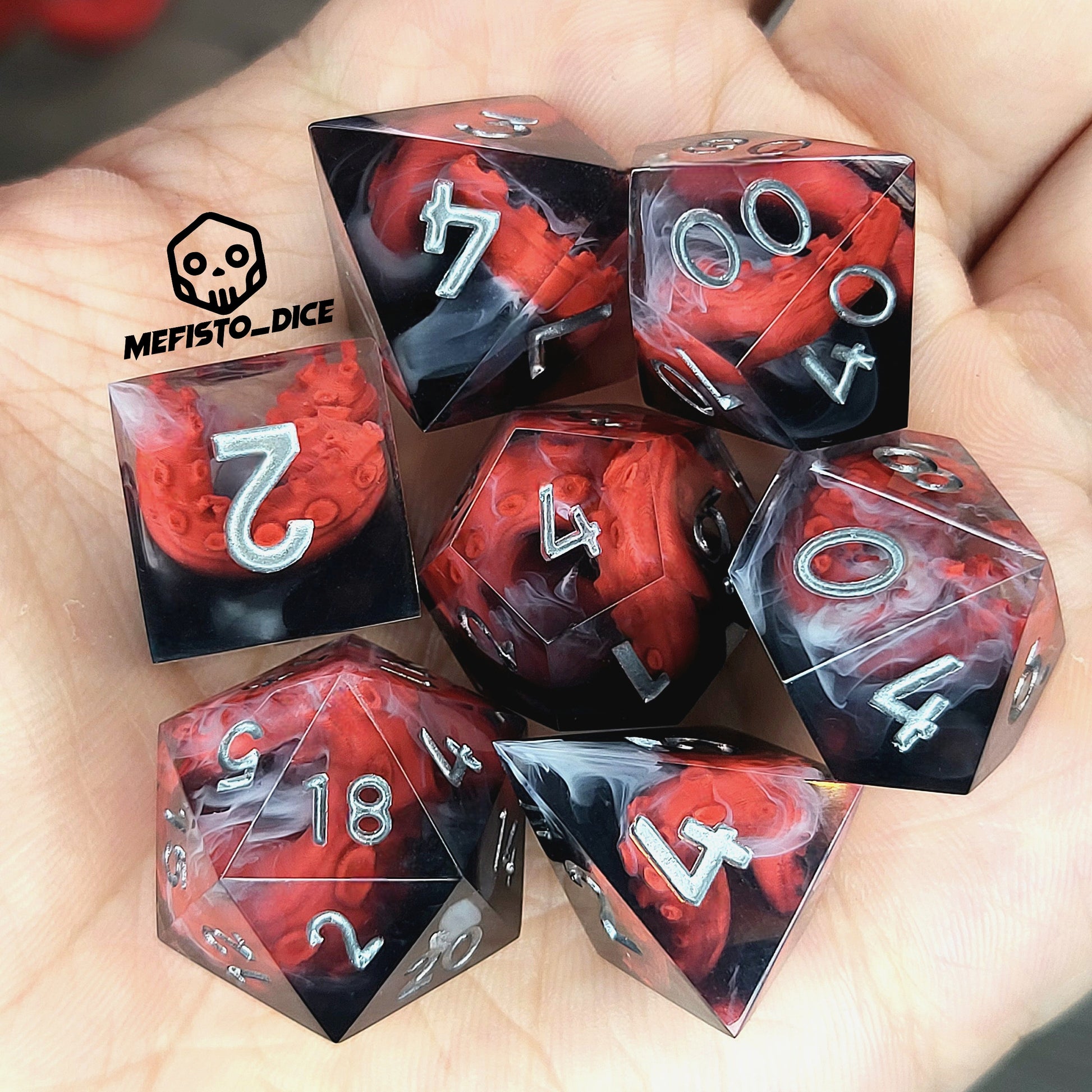 Handcrafted sharp edge resin dice featuring eerie red tentacles suspended in dark transparent resin, surrounded by ghostly white mist and finished with metallic silver numbers