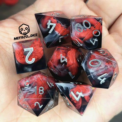 Handcrafted sharp edge resin dice featuring eerie red tentacles suspended in dark transparent resin, surrounded by ghostly white mist and finished with metallic silver numbers