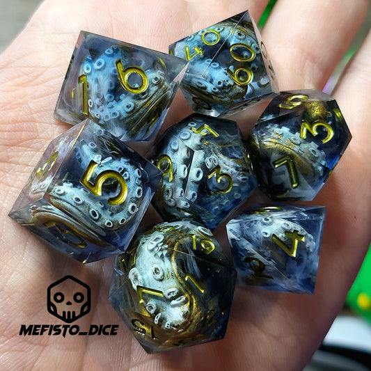 Resin dice set with octopus tentacles inside, gold numbers, perfect for Dungeons and Dragons, Call of Cthulhu, and tabletop RPG games