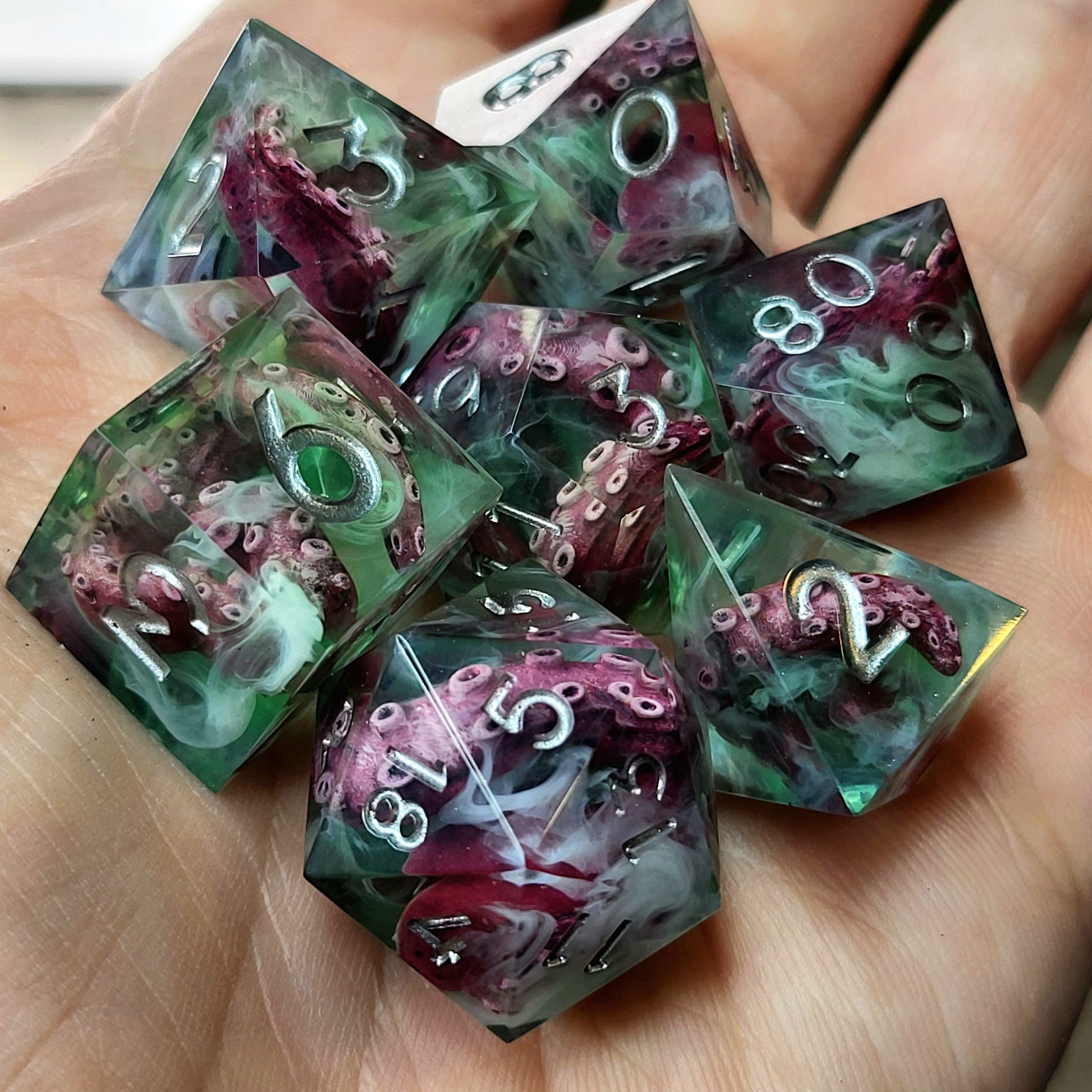 Dice set with white tentacles inside and for play dnd , dungeons and dragons and Call of Cthulhu