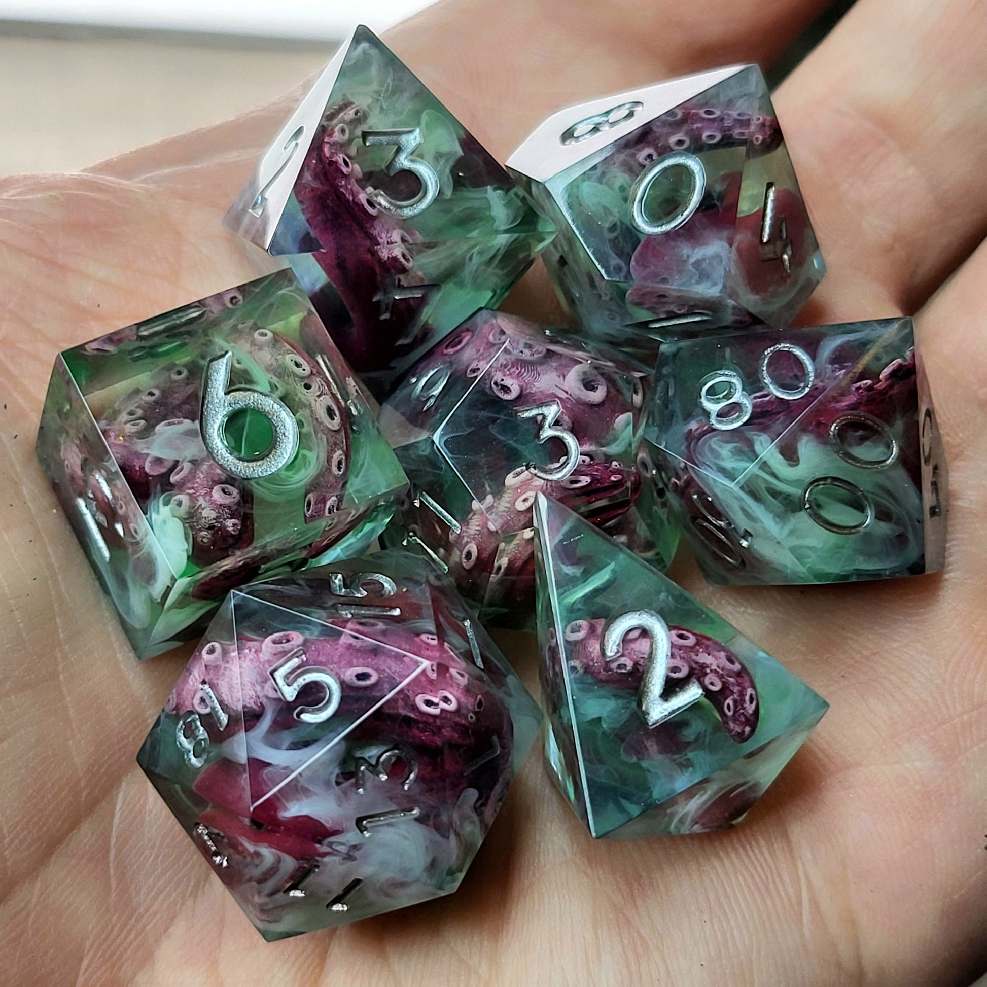 Dice set with white tentacles inside and for play dnd , dungeons and dragons and Call of Cthulhu