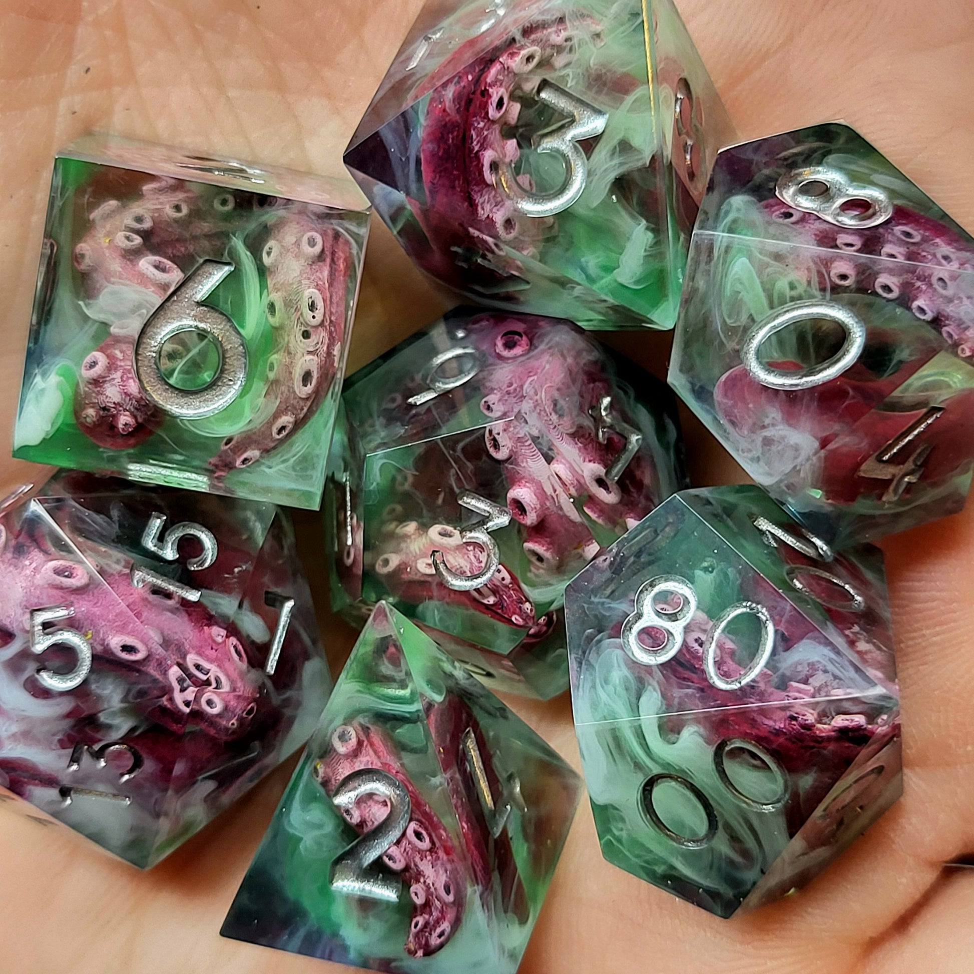 Dice set with white tentacles inside and for play dnd , dungeons and dragons and Call of Cthulhu