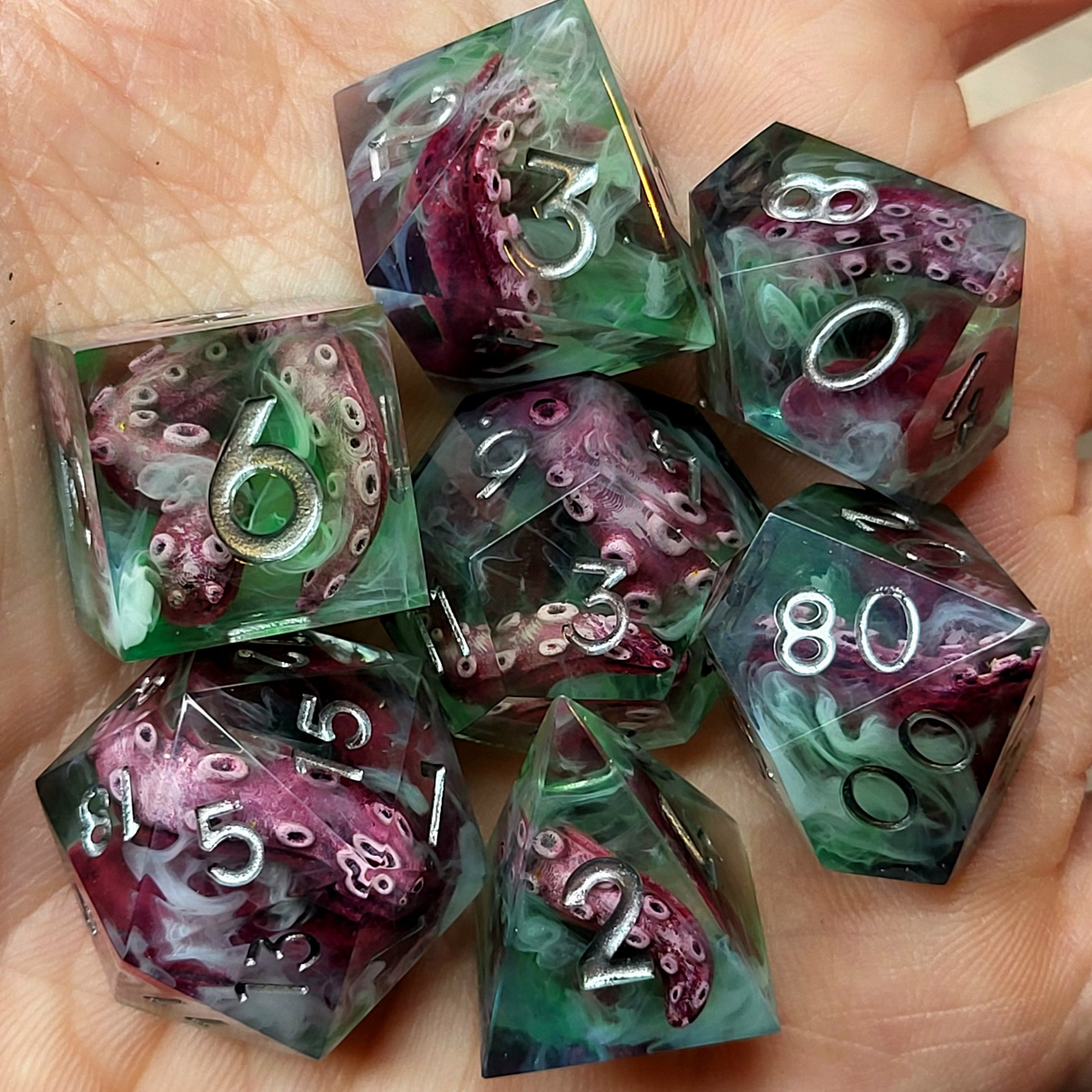Dice set with white tentacles inside and for play dnd , dungeons and dragons and Call of Cthulhu