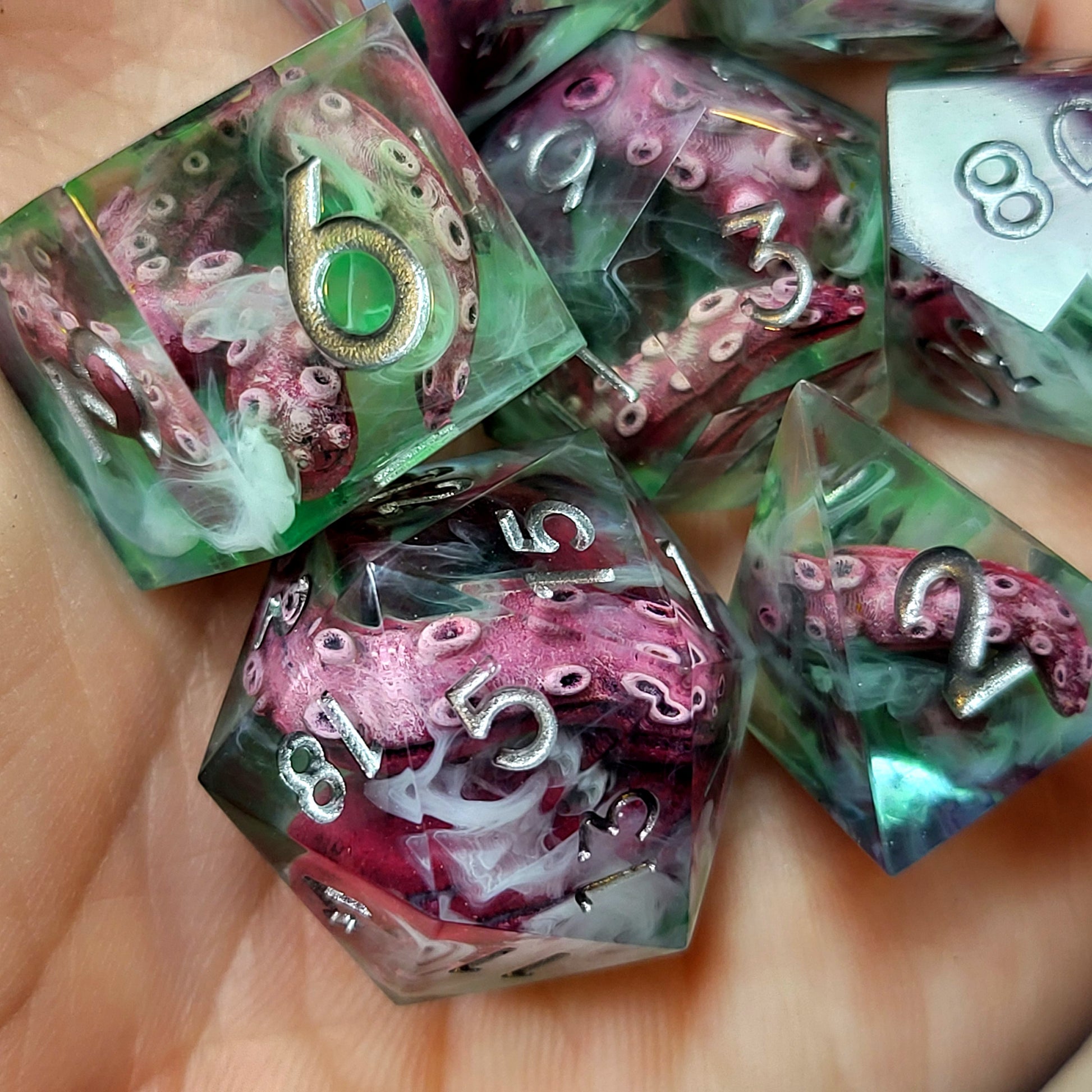 Dice set with white tentacles inside and for play dnd , dungeons and dragons and Call of Cthulhu