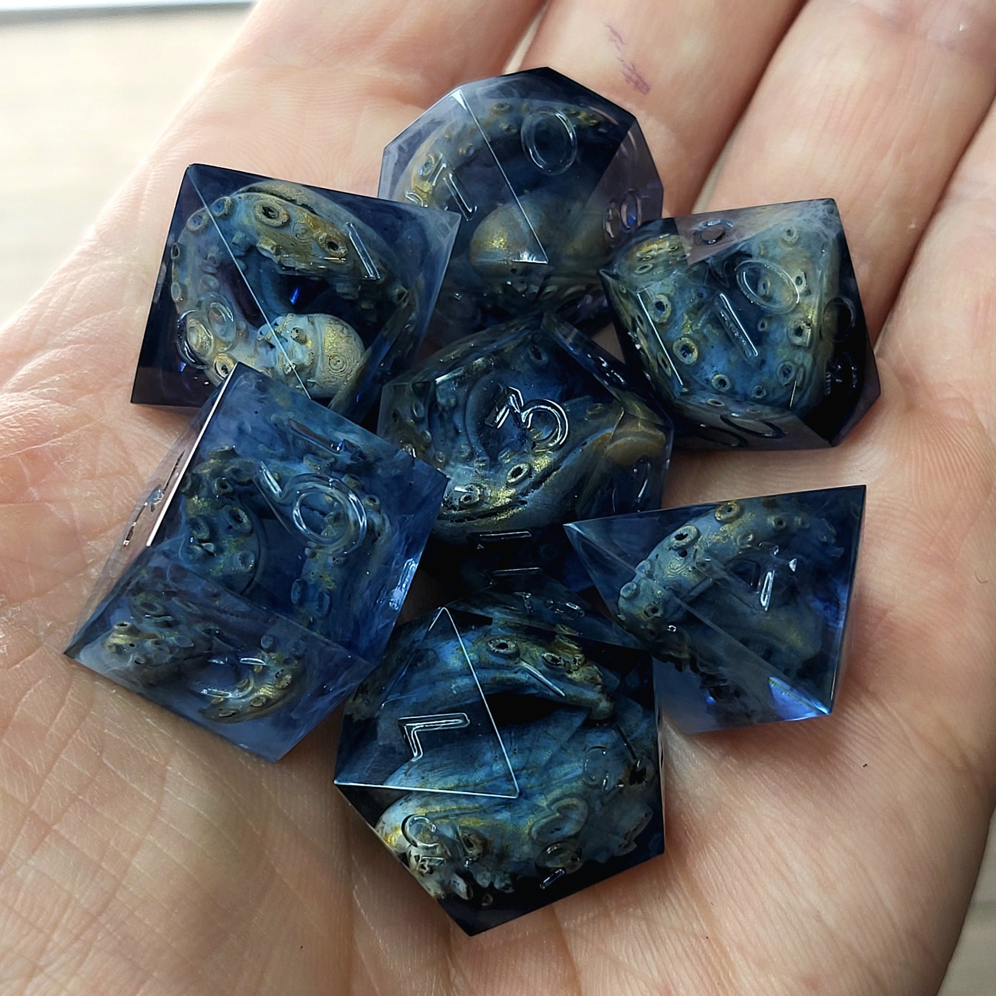 Dice set with white tentacles inside and for play dnd , dungeons and dragons and Call of Cthulhu