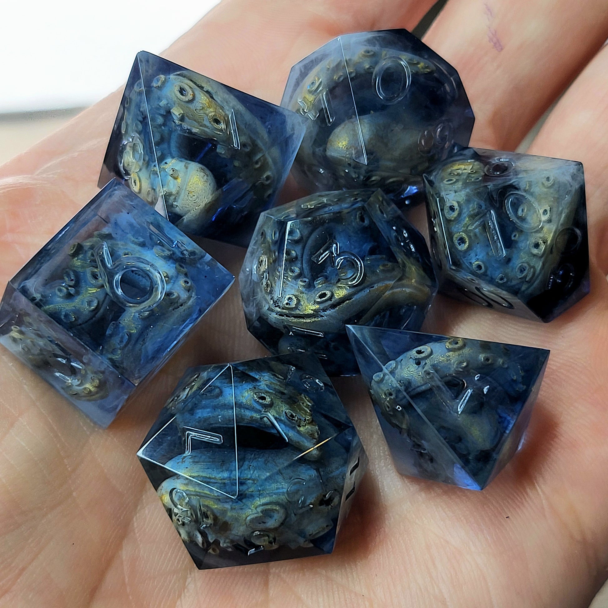 Dice set with white tentacles inside and for play dnd , dungeons and dragons and Call of Cthulhu