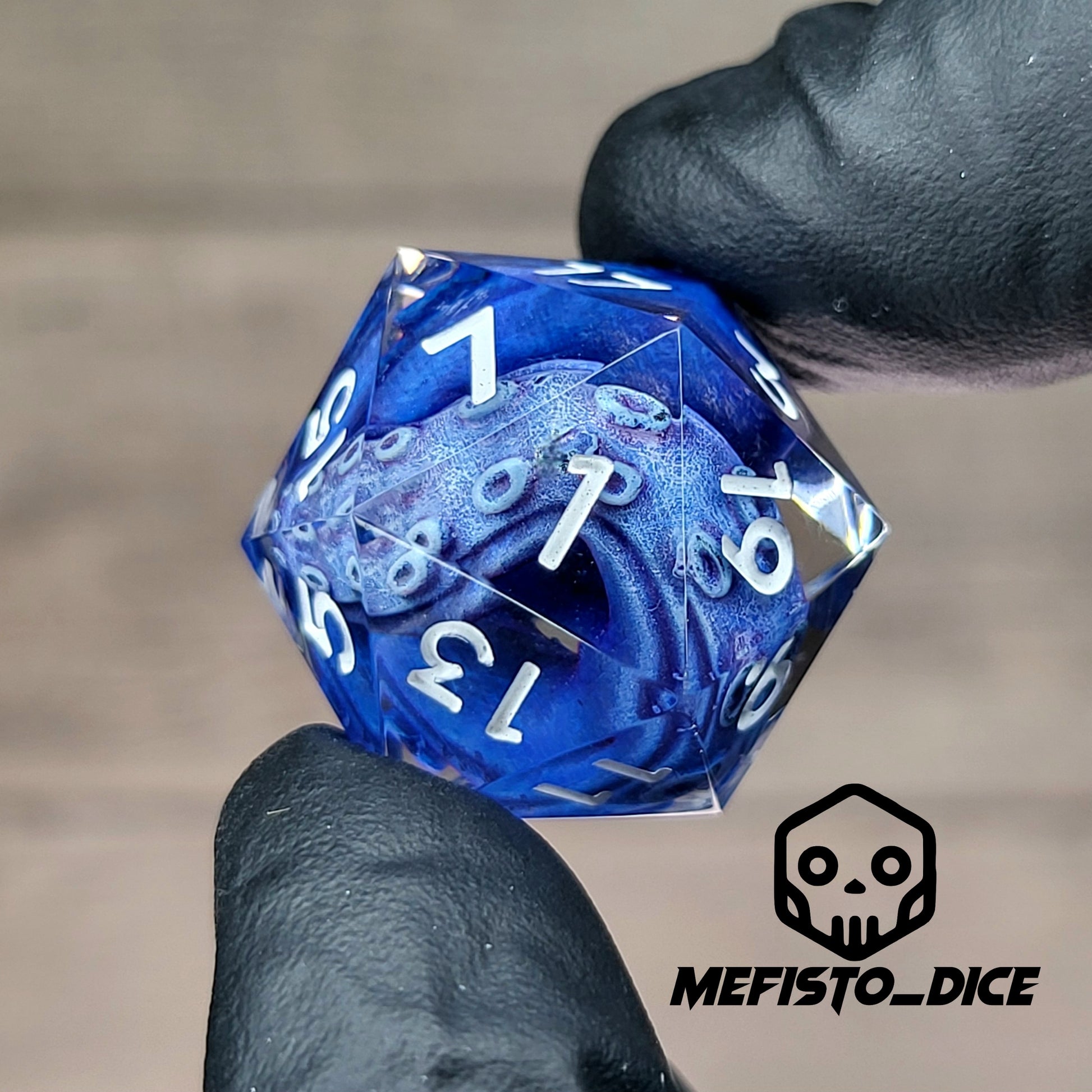 D20 dice with blue tentacles inside and white numbers for play dnd , dungeons and dragons , Call of Cthulhu