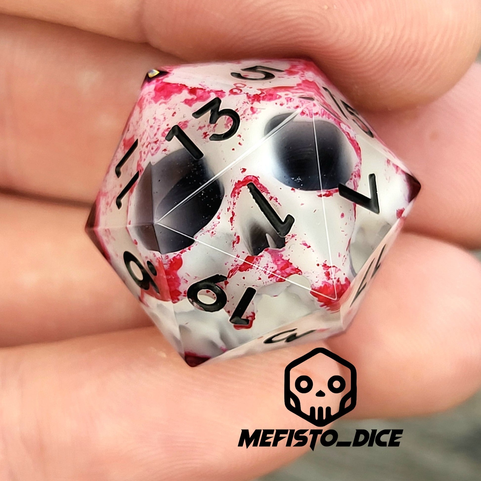 D20 dice with white skull inside , black numbers for play dnd , dungeons and dragons