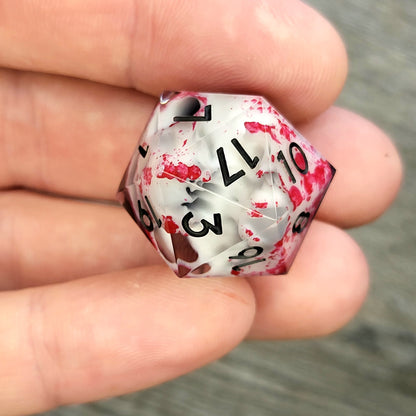 D20 dice with white skull inside , black numbers for play dnd , dungeons and dragons