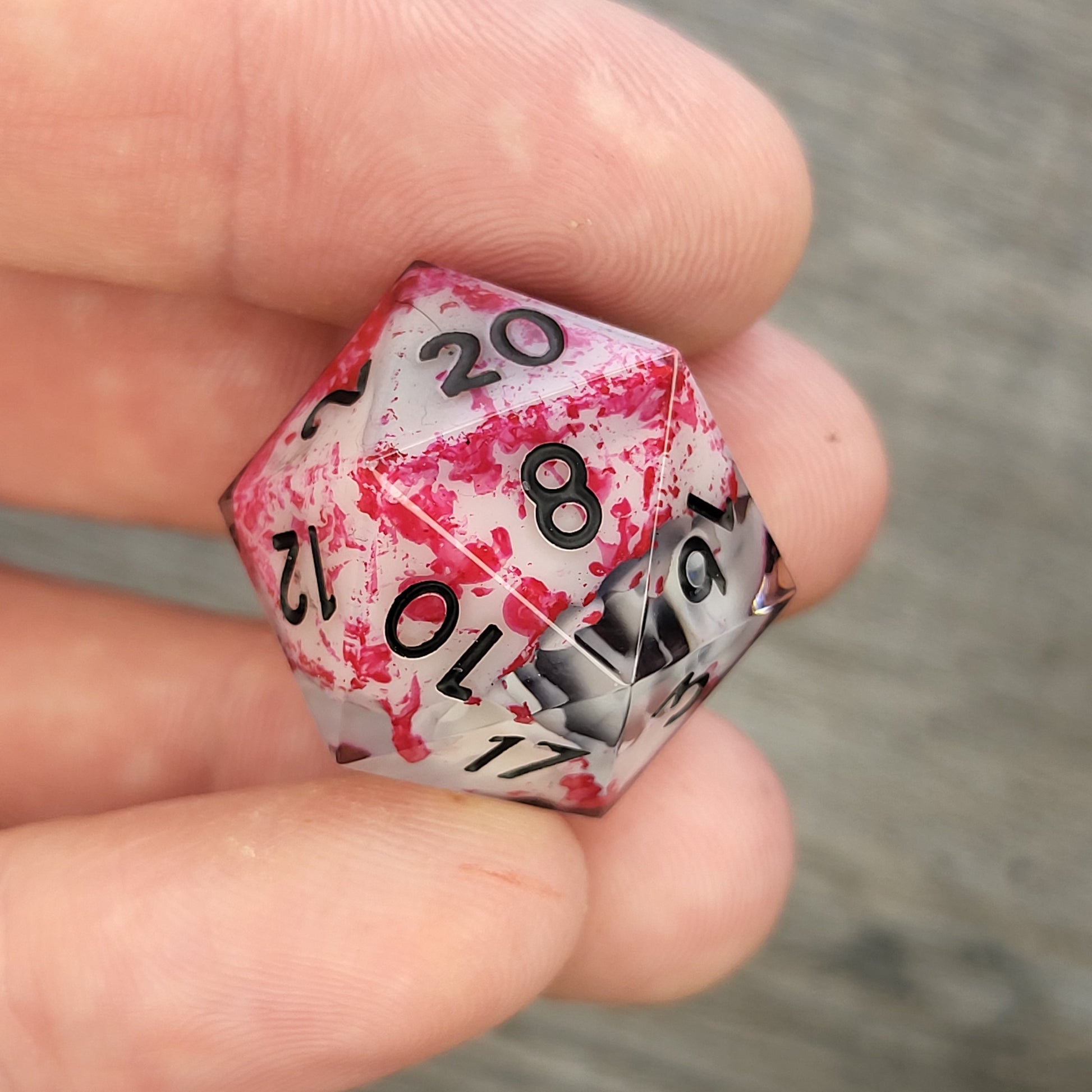 D20 dice with white skull inside , black numbers for play dnd , dungeons and dragons