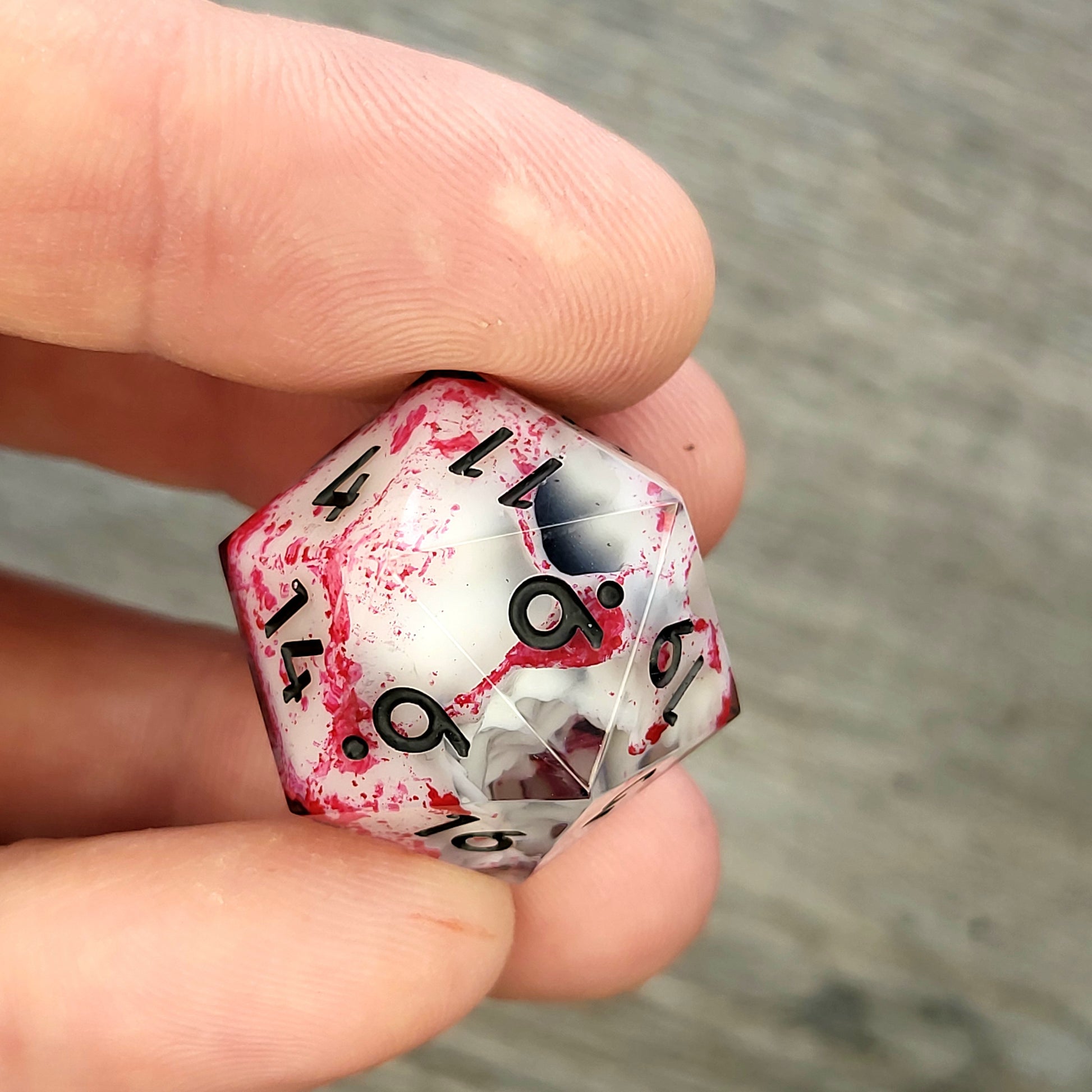 D20 dice with white skull inside , black numbers for play dnd , dungeons and dragons