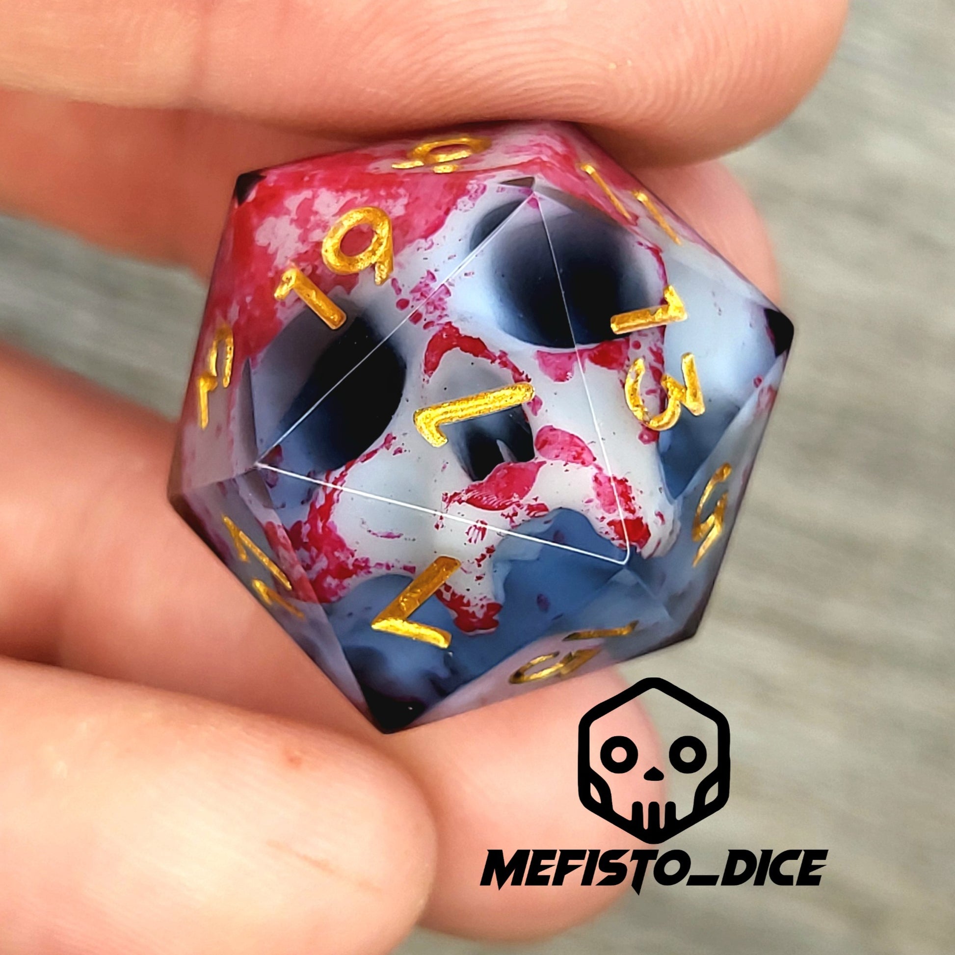 D20 dice with white skull inside , gold numbers for play dnd , dungeons and dragons