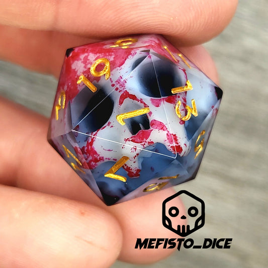 D20 dice with white skull inside , gold numbers for play dnd , dungeons and dragons