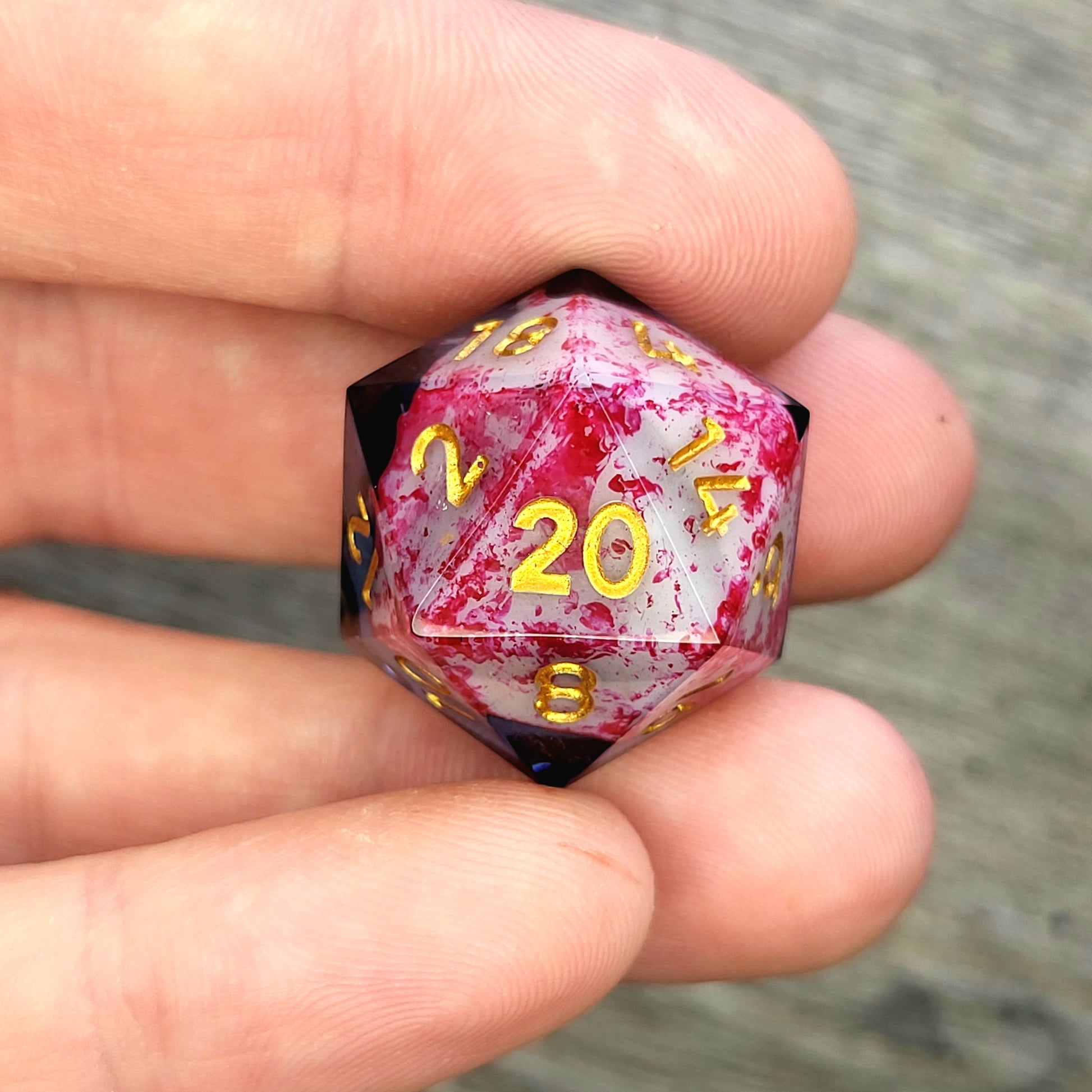 D20 dice with white skull inside , gold numbers for play dnd , dungeons and dragons