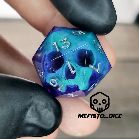 This is a single set of one D20 DnD die with a green skull inside , purple resin and silver numbers