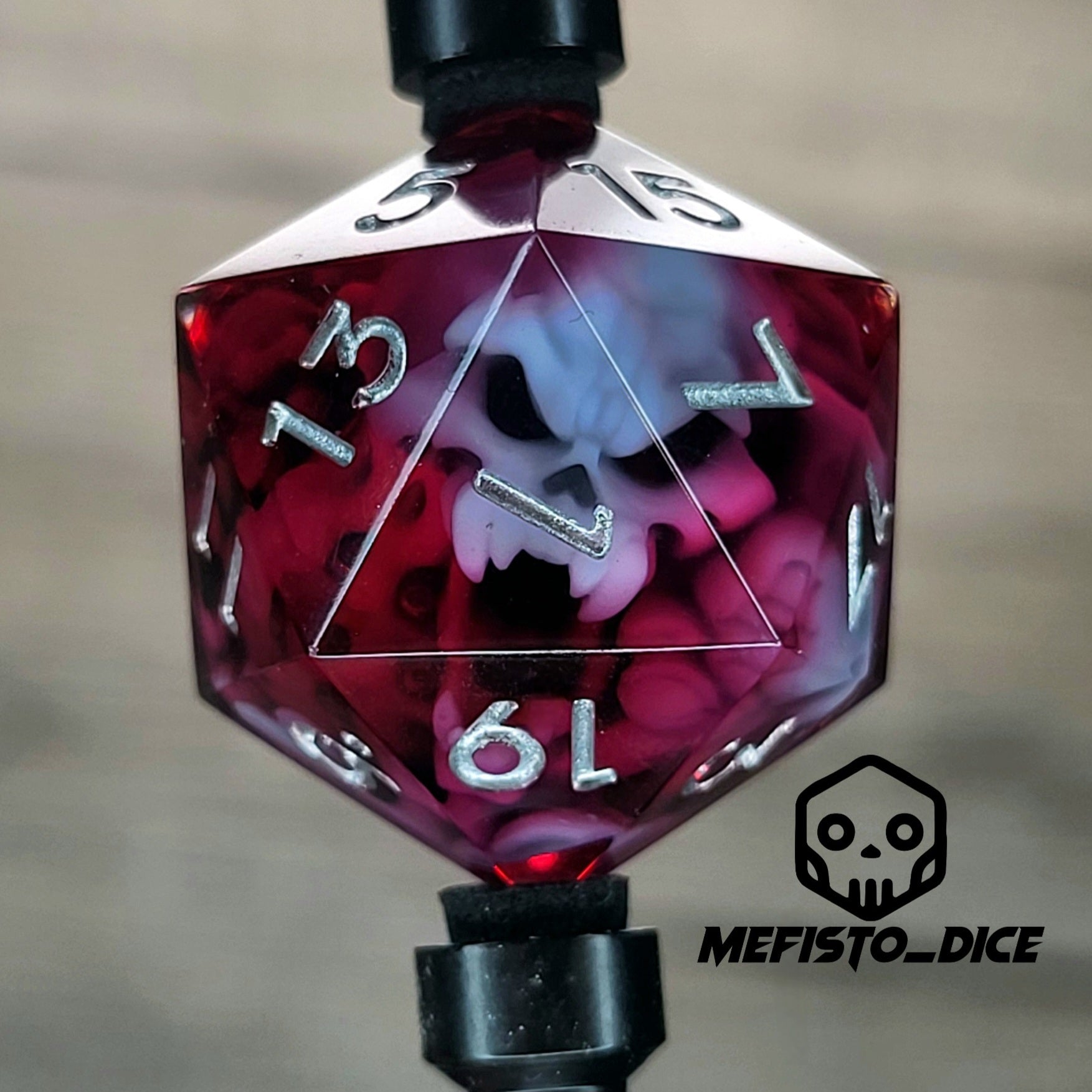 This is a single set of one D20 DnD die with a white spirit inside , red resin and silver numbers