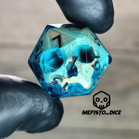 This is a single set of one D20 die with a light brown skull inside , blue resin and black numbers for play dnd dungeons and dragons