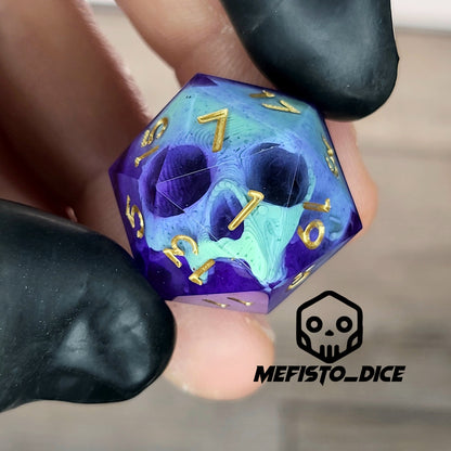 This is a single set of one D20 DnD die with a light green skull inside , purple resin and gold numbers