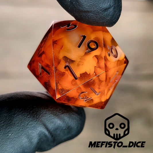 This is a single set of one D20 DnD die with a white spirit inside , orange resin and red numbers