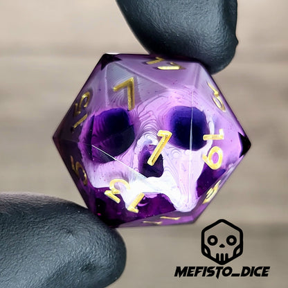 This is a single set of one D20 DnD die with a white skull inside , purple resin and gold numbers