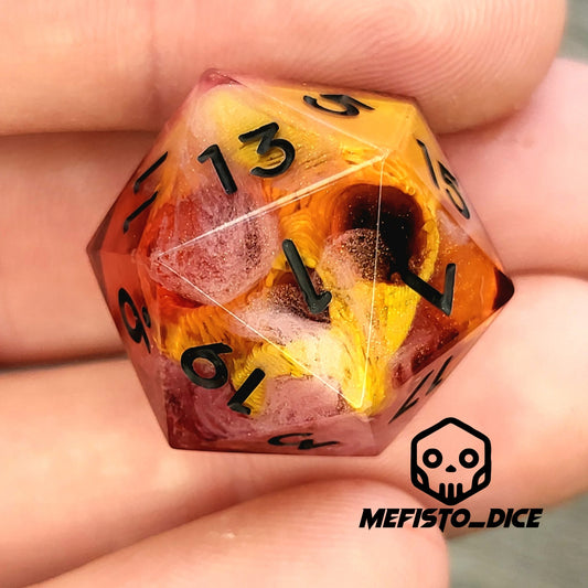 D20 dice with gold skull inside , black numbers for play dnd , dungeons and dragons