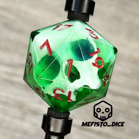 D20 dice with white skull inside , red numbers , green resin for play dnd , dungeons and dragons