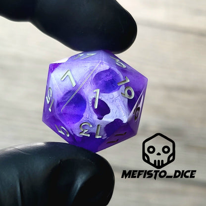 This is a single set of one D20 DnD die with a white skull inside , purple resin and grey numbers