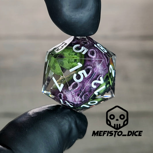 D20 dice with green tentacles inside and white numbers for play dnd , dungeons and dragons , Call of Cthulhu