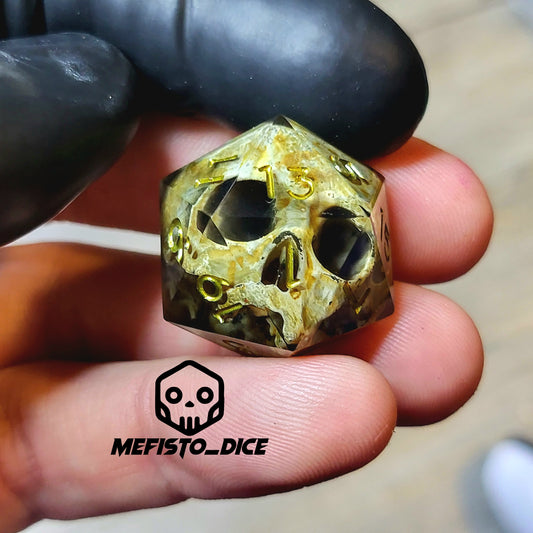 This is a single set of one D20 DND die with a light brown skull inside ,black resin and green gold numbers