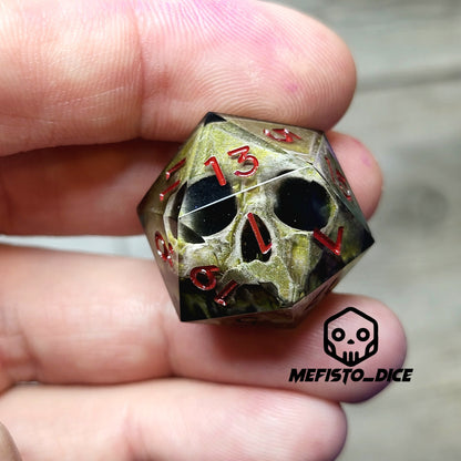 This is a single set of one D20 DND die with a light brown skull inside ,black resin and red numbers